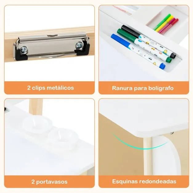 Conjunto de mesa e banco de arte para crianças com cavalete ajustável de dupla face, quadro magnético e rolo de papel substituível Branco