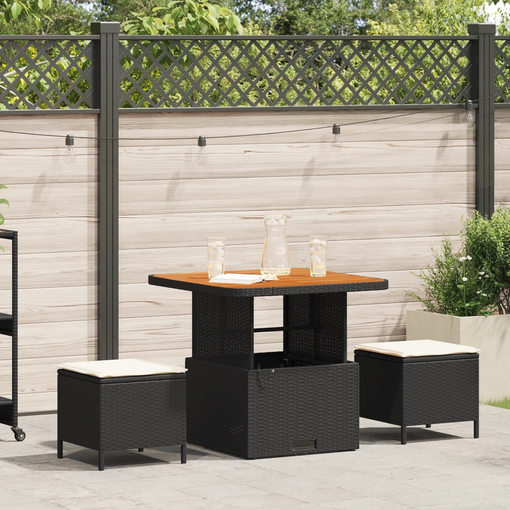 Conjunto de Jantar de Jardim com 3 Peças e Almofadas Preto em Rattan Sintético e Acácia