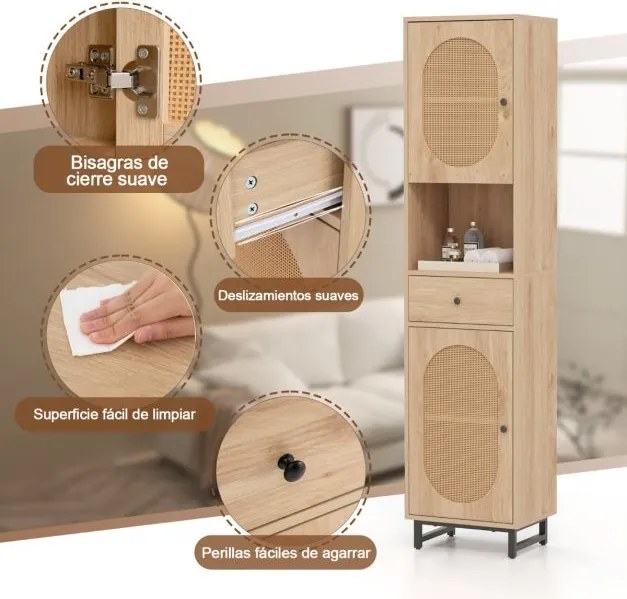 Armário estreito 170 cm de altura de rattan com portas, estantes e gavetas para sala de estar e jantar Natural