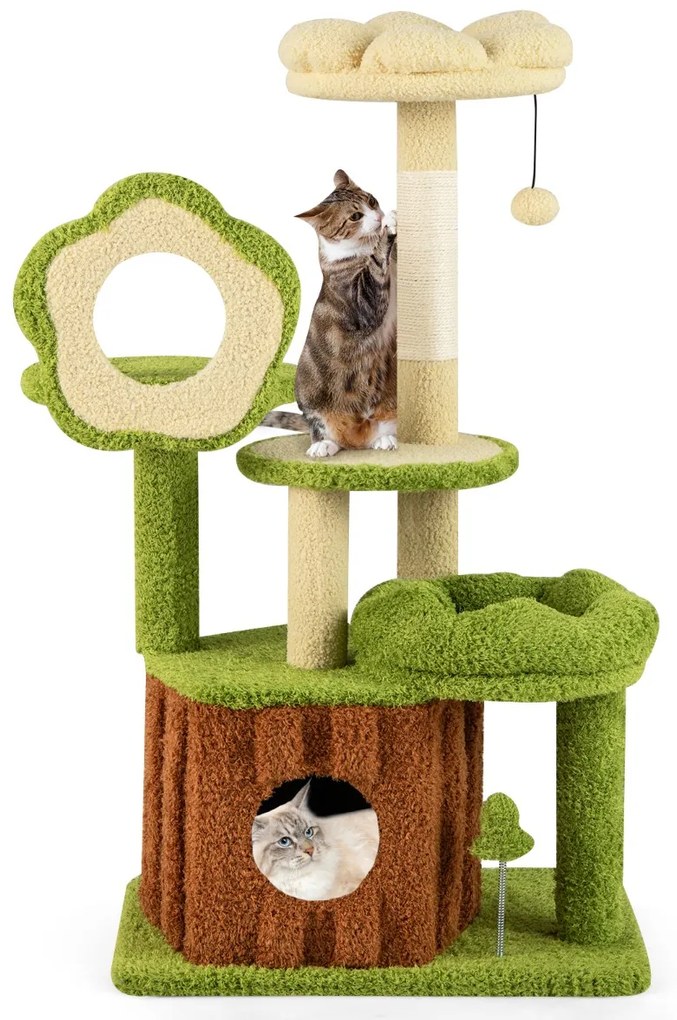Arranhador para gatos, bosque com tronco, plataforma floral acolchoada, arranhador de sisal e brinquedos verde e castanho