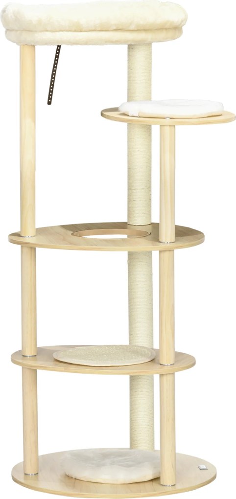 Arranhador para gatos com arranhador, postes de sisal, almofada removível, plataforma de pelúcia e madeira, altura 123,5 cm, bege