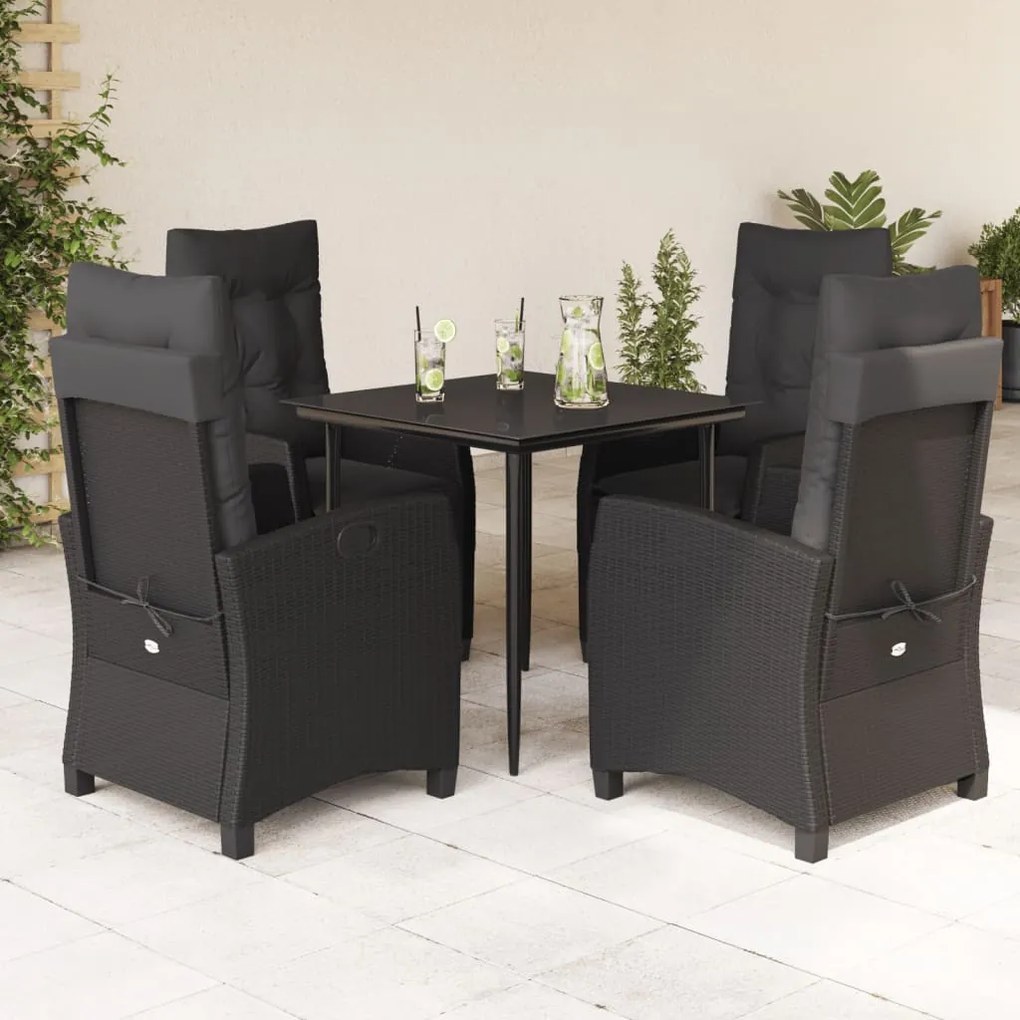 5 pcs conjunto de jantar p/ jardim c/ almofadões vime PE preto