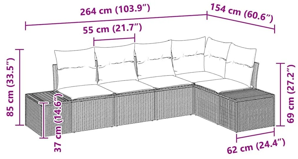 Conjunto de Sofás de Jardim com 5 Peças e Almofadas em Rattan Sintétic