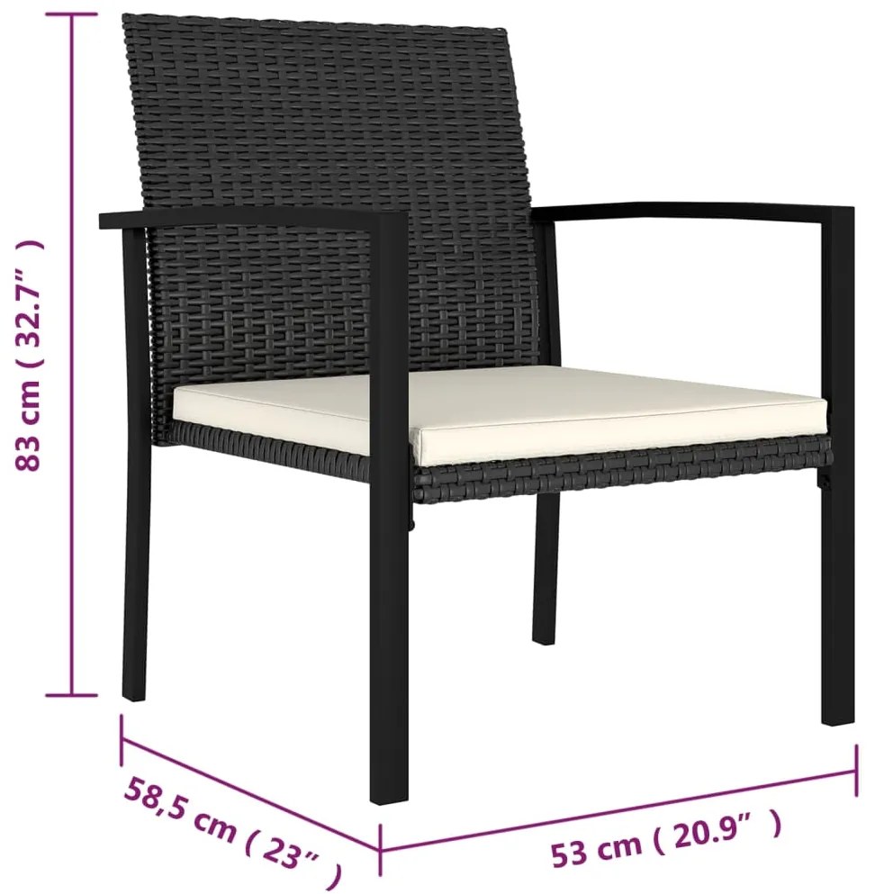 3 pcs conjunto de jantar para jardim vime PE preto