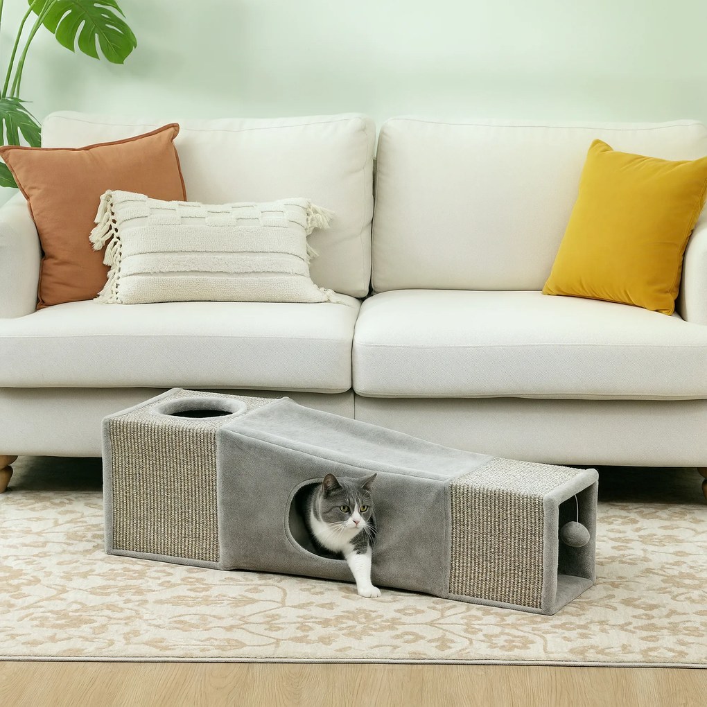 Túnel para gatos de interior, brinquedos para gatos com bola suspensa, várias entradas, em sisal, 98 x 30 x 30 cm, cinzento