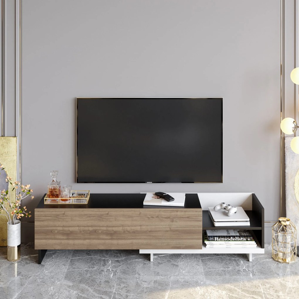Móvel TV Parion – Branco/Preto/Nogueira – 165x35x41 cm