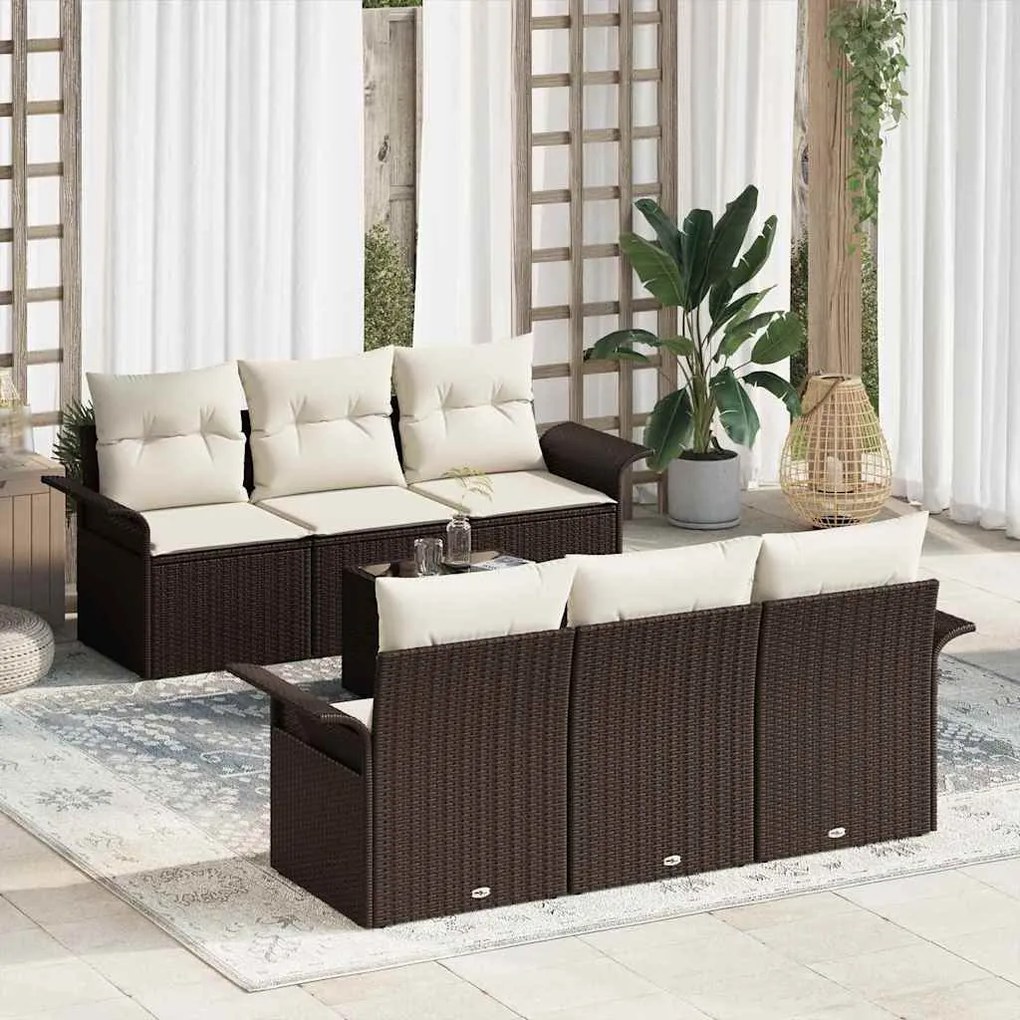 Conjunto de Sofá de Jardim 7 Peças com Almofadas Marrom em Rattan Sint