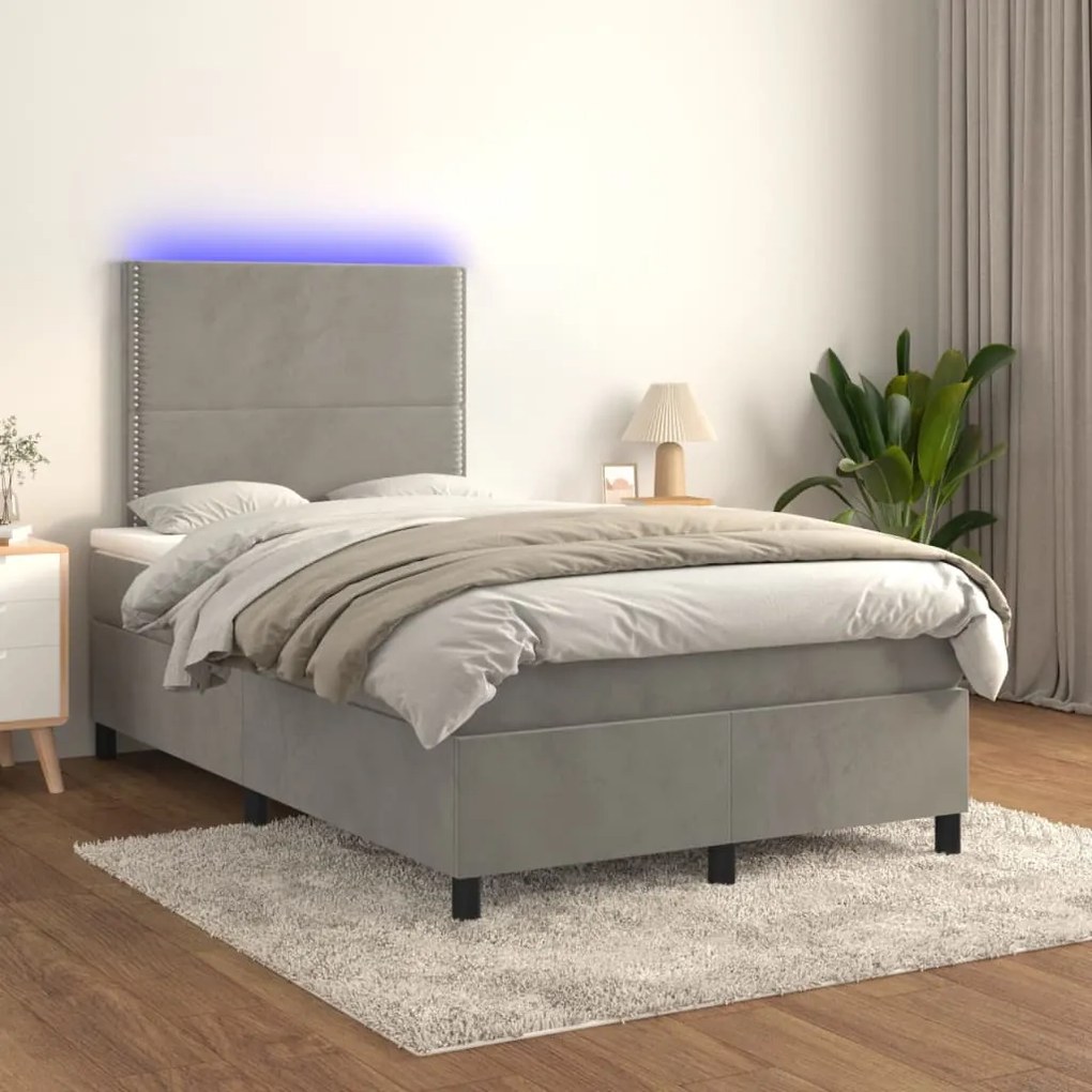 vidaXL Cama box spring c/ colchão/LED 120x200 cm veludo cinzento-claro