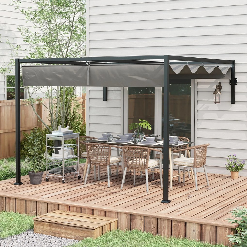 Pérgola de Parede 297x211x220 cm Pérgola de Jardim com Teto Retrátil e Estrutura de Aço Pérgola para Pátio Exterior Cinza Escuro