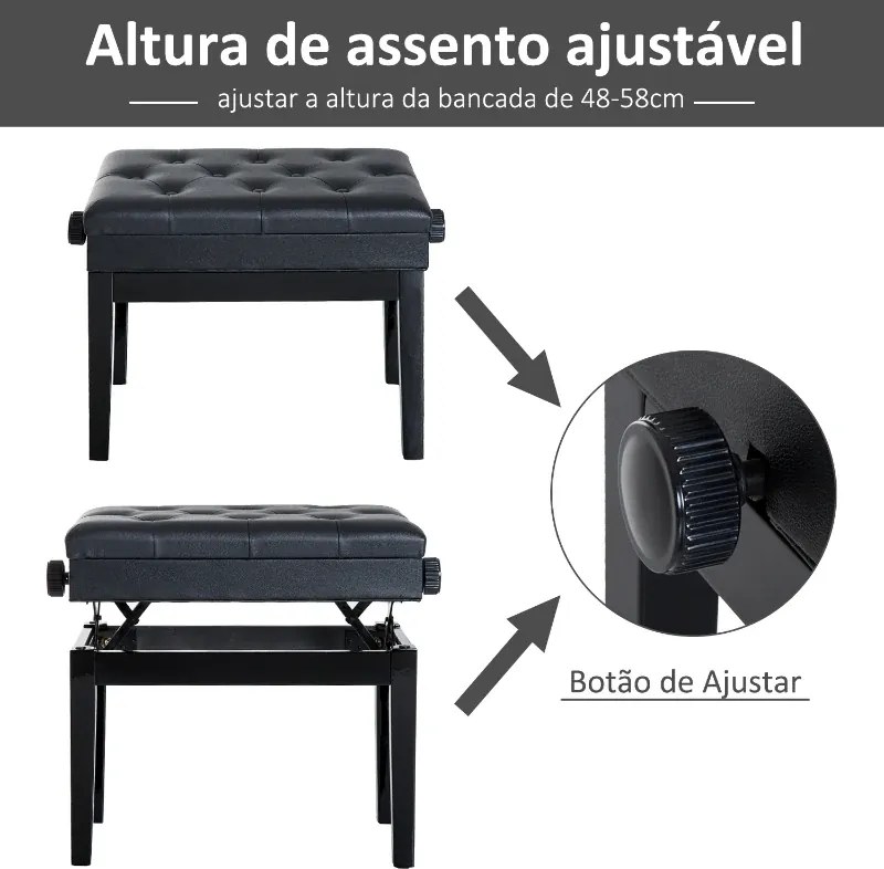 Banco de Piano com Espaço de Armazenamento Altura Ajustável com Assento Acolchoado Carga 200 kg 54,5x33x48-58 cm Preto