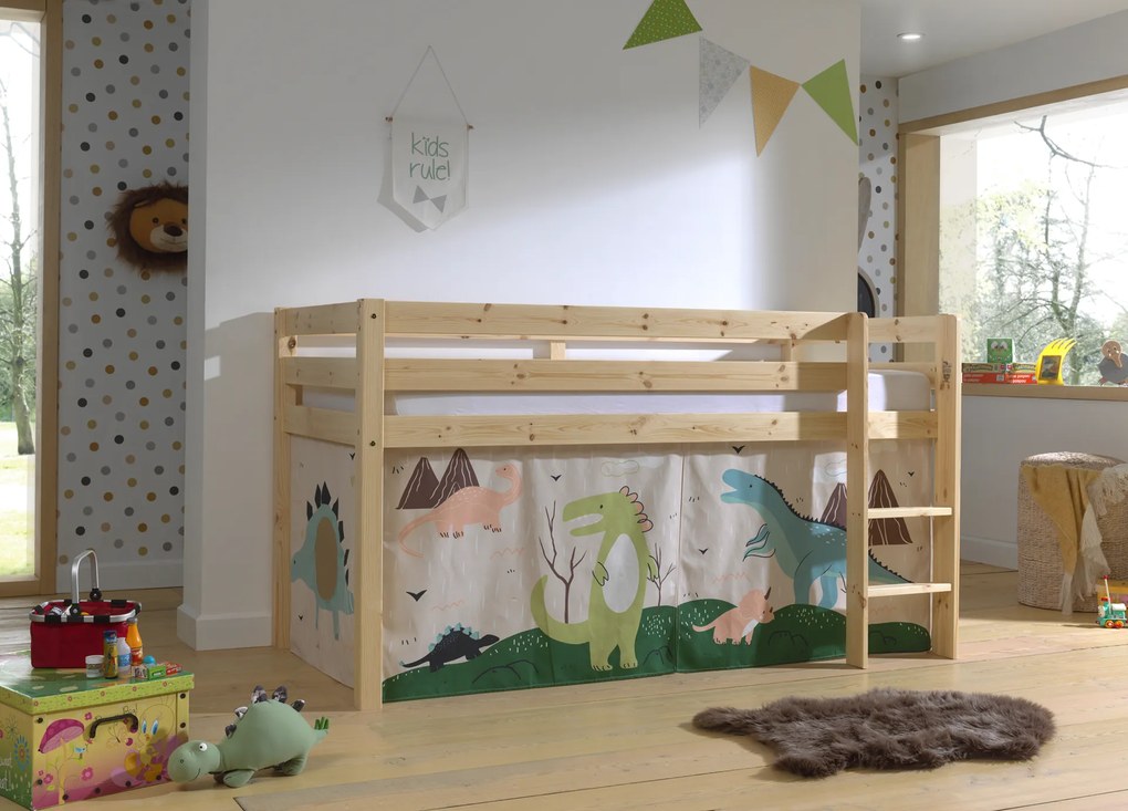 Cama alta de Criança PINO 90 x 200 cm + estrado + escada + cortina Dinossauro Natural