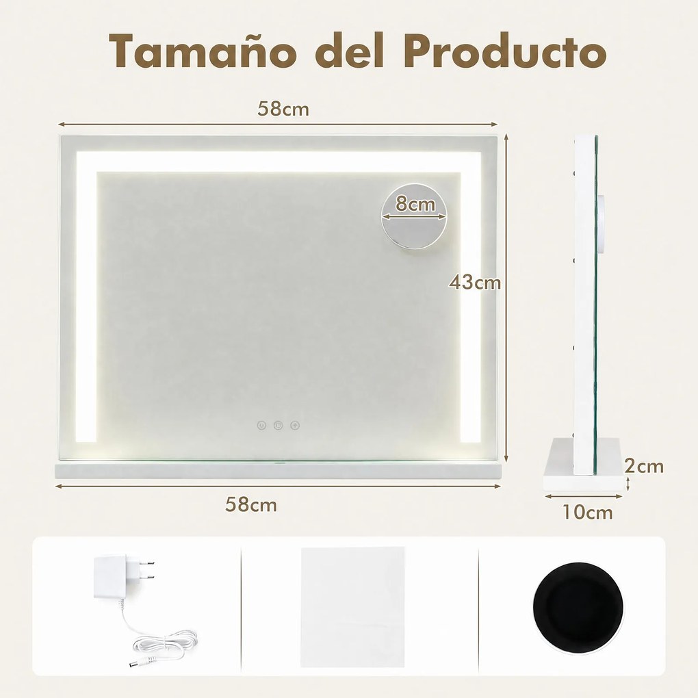 Espelho de Maquilhagem, 58 x 10 x 43 cm, Luz LED de 3 Cores, Branco
