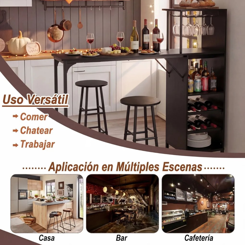 Conjunto mesa 120 x 40 x 120 cm e 2 cadeiras de bar, mesa e bancos industriais com suportes para copos, estantes para sala de jantar e cozinha, preto