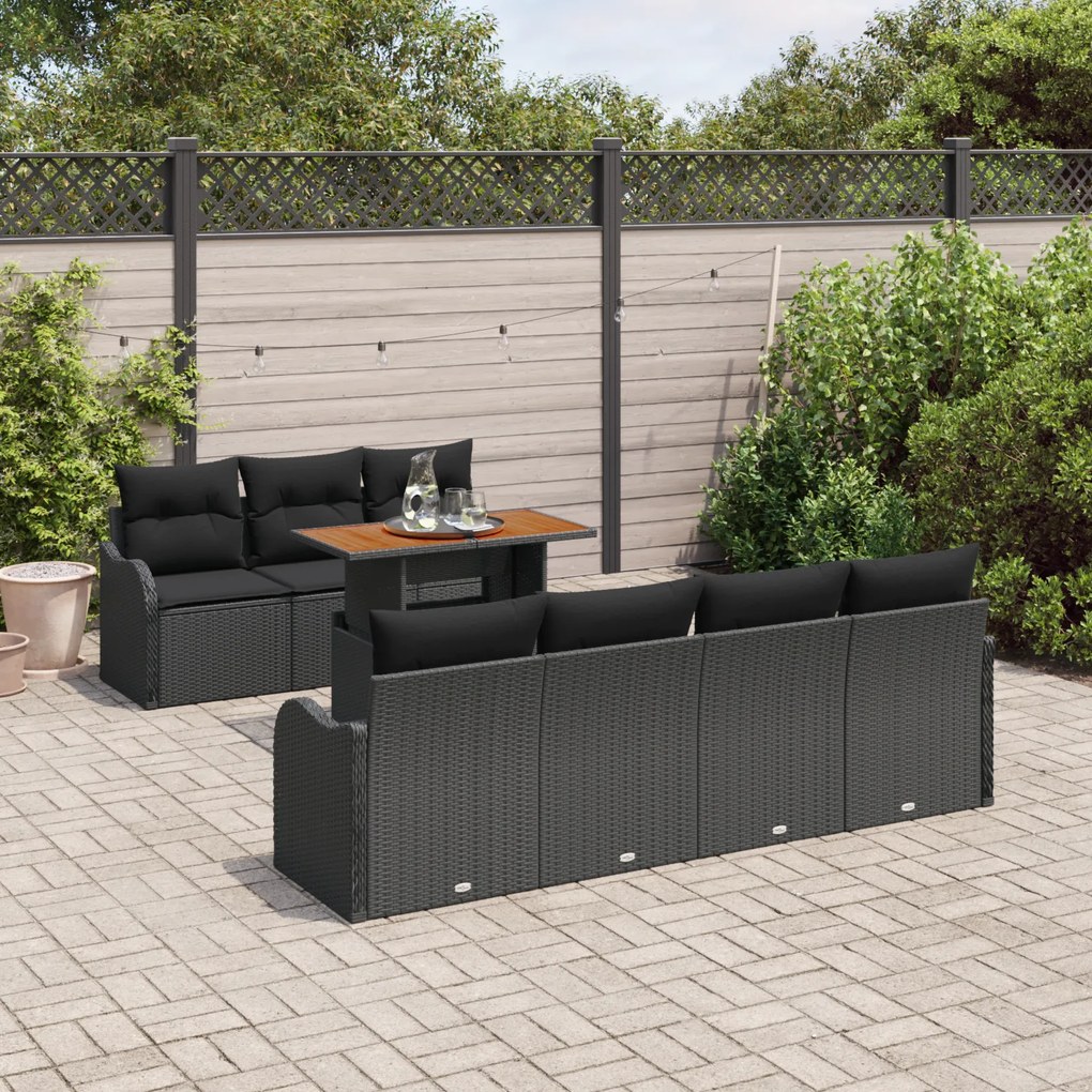 Conjunto de Sofás de Jardim de 8 Peças com Almofadas Preto Vime Poliet