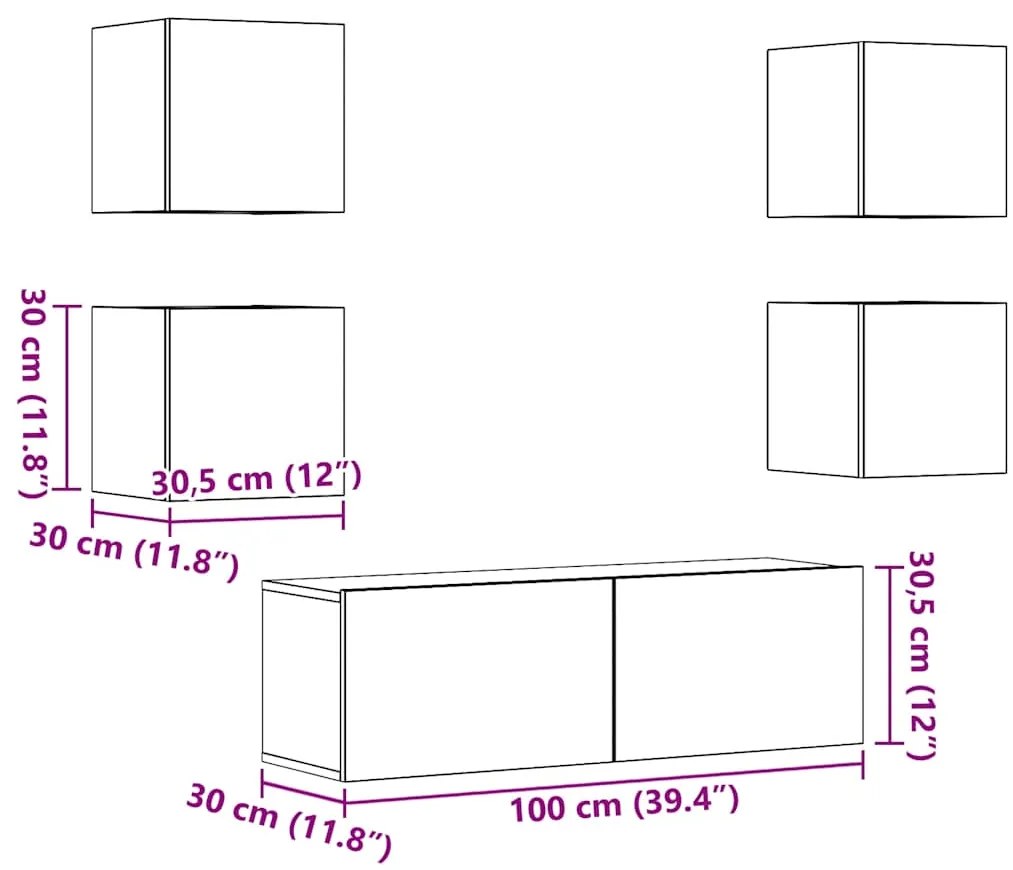 Conjunto de armário TV de parede 5 pcs madeira madeira velha