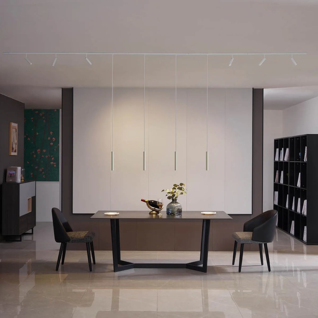 Sistema de iluminação de trilho moderno com 6 focos e 4 pendentes bege e branco monofásico - Slimline Uzzy Keno