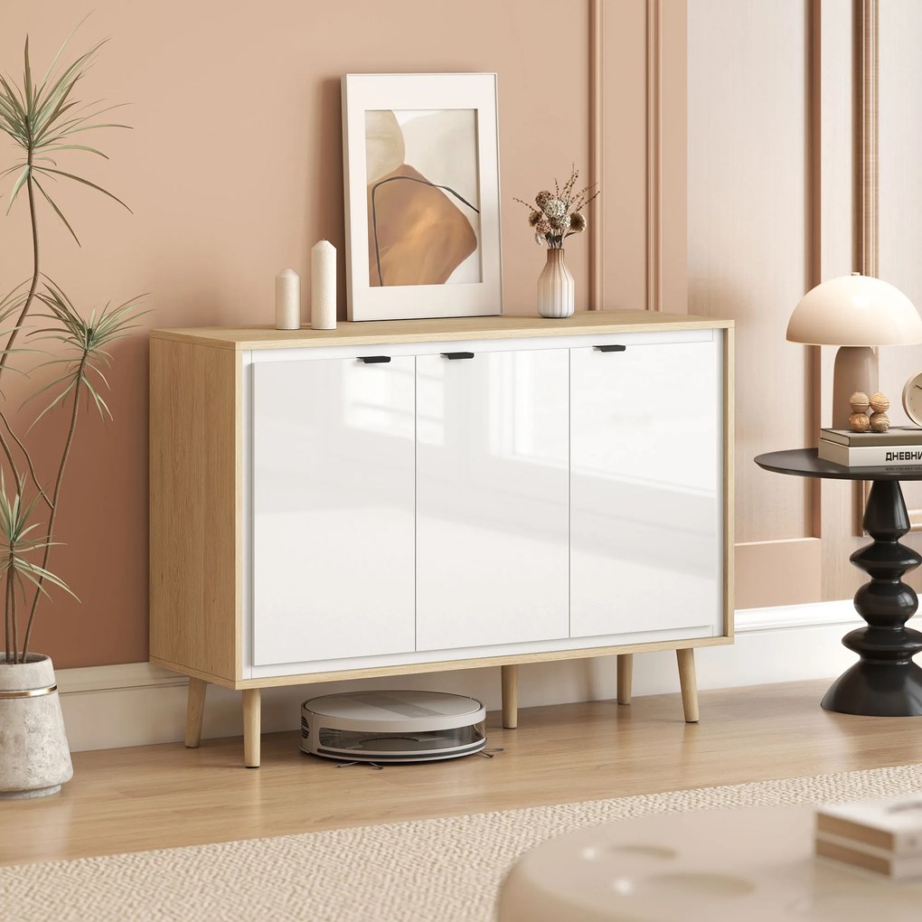 Aparador, móvel de arrumação com 3 portas 107 x 35 x 77 cm, prateleiras ajustáveis, , branco e cor carvalho