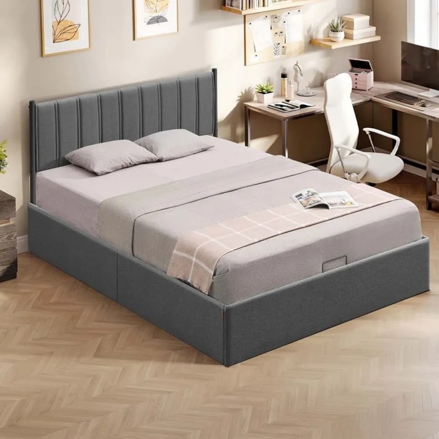 Estrutura de cama (COLCHÃO NÃO INCLUÍDO) com base de ripas rebatível e espaço de arrumação 209,3 x 163,4 x 110 cm Cinzento escuro