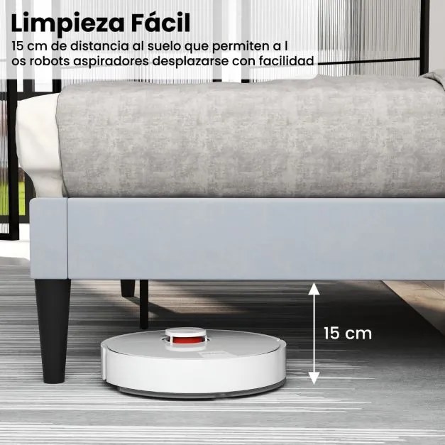 Estrutura de cama 211 x 155 x 105 cm com cabeceira estofada (COLCHÃO NÃO INCLUIDO) e estrado de ripas de madeira Cinza
