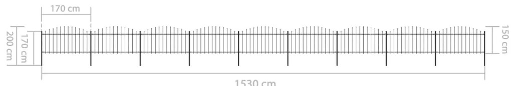 Cerca de jardim com topo em lanças (1,25-1,5)x15,3 m aço preto