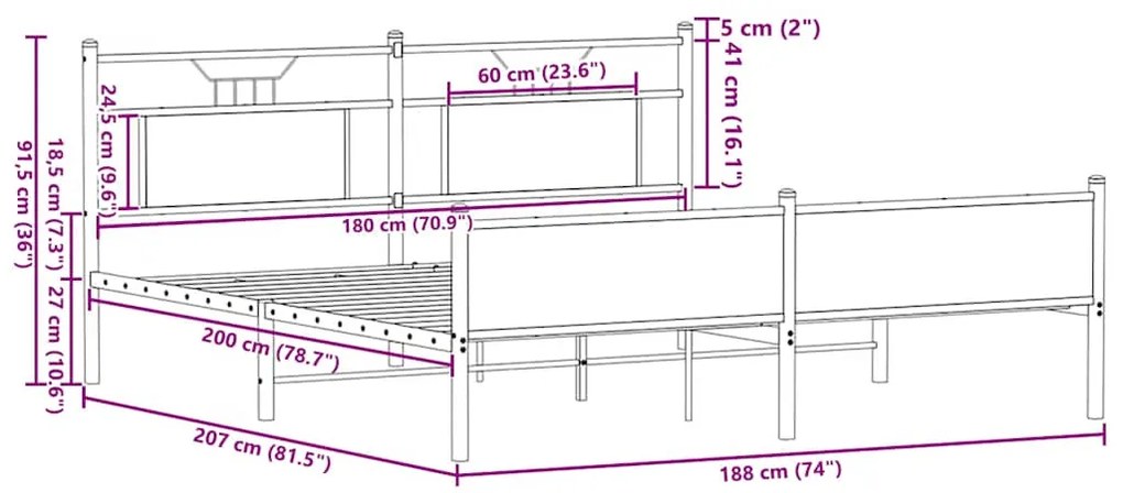 Estrutura de cama sem colchão 180x200cm metal carvalho sonoma