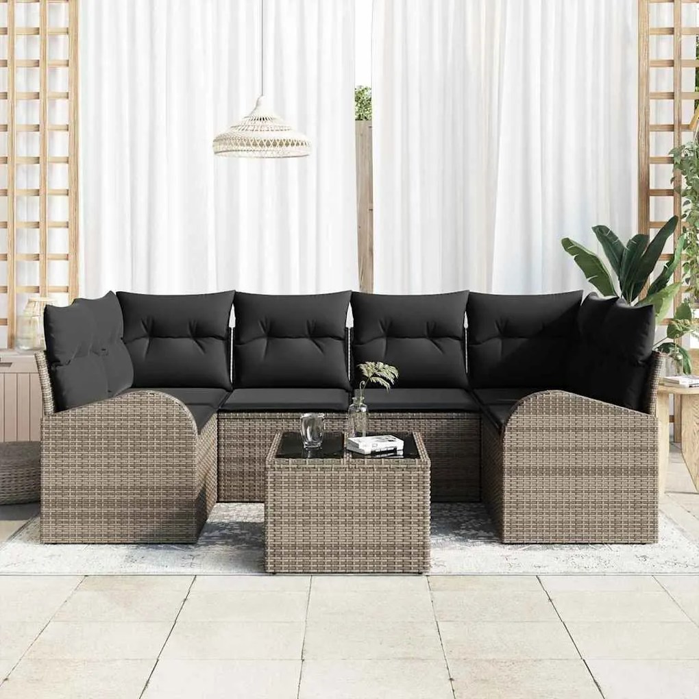 Conjunto de Sofás de Jardim de 7 Peças com Almofadas Cinzas de Polirra
