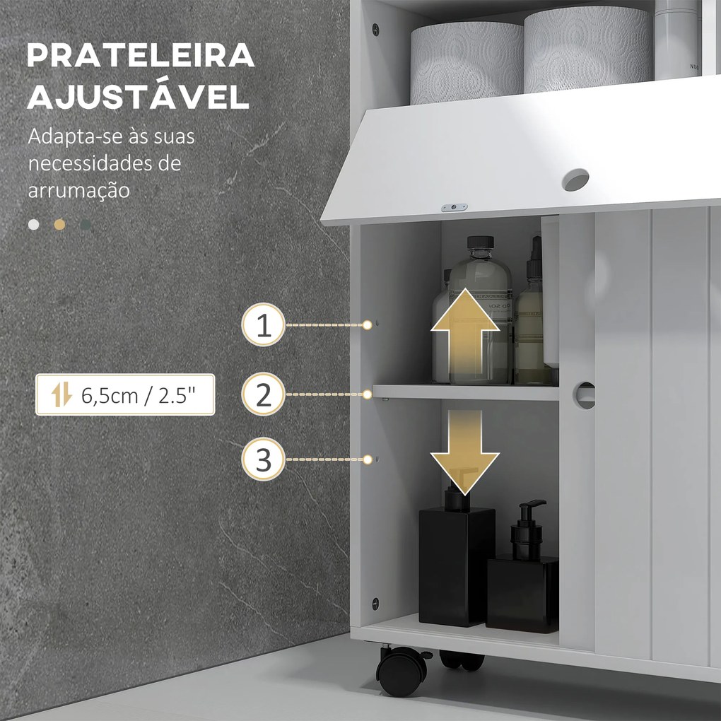 Armário Auxiliar Casa de Banho com 4 Rodas 2 Compartimentos para Papel Higiénico Prateleiras Ajustáveis 52x17x67 cm Branco