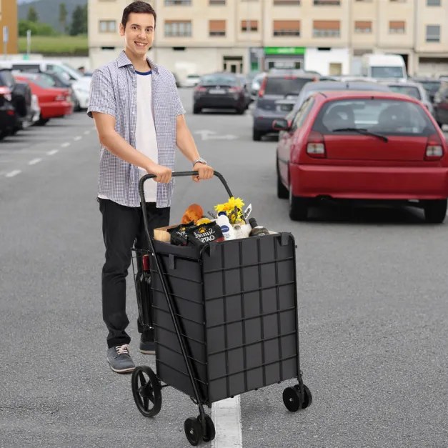 Carrinho de compras com forro oxford 120 l metal carrinho portátil dobrável duplo para carga de lavandaria de supermercado 40 kg 61 x 60 x 102 cm pret