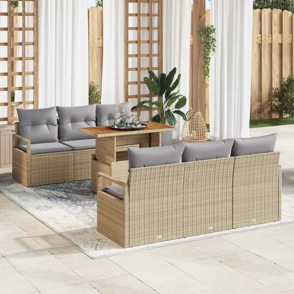 vidaXL Conjunto de Sofás de Jardim 7 Peças com Almofadas Bege em Rattan Sintético
