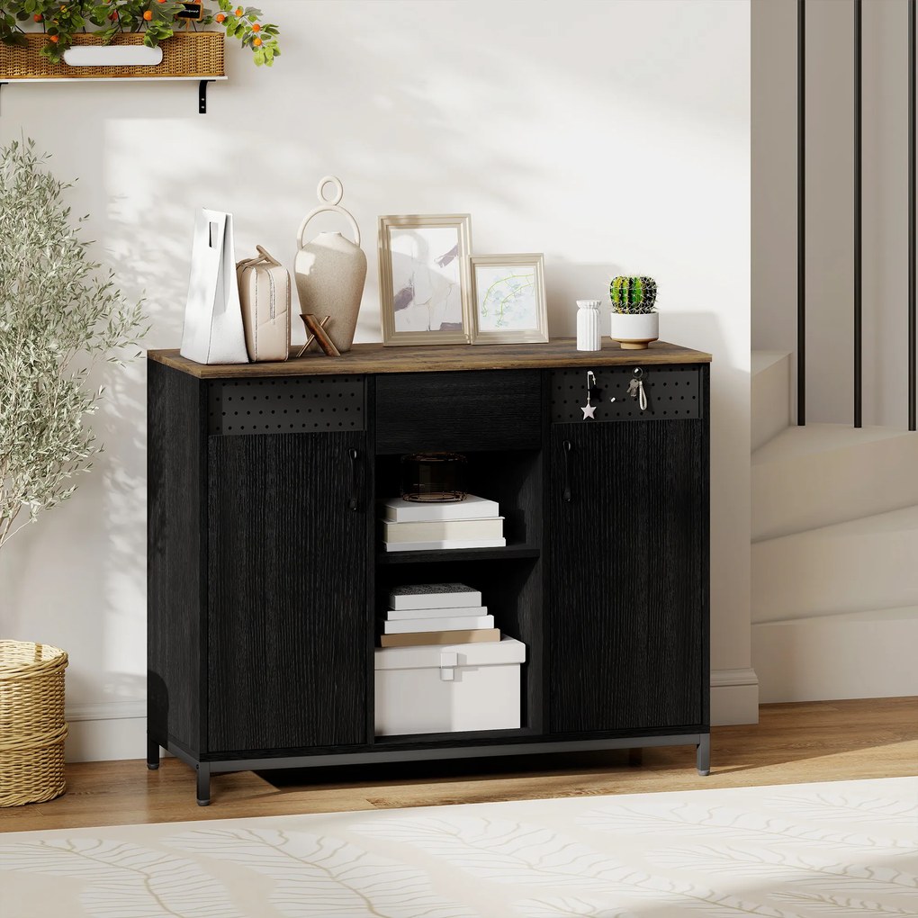 Aparador de 2 Portas com Orifícios 2 Compartimentos e Gaveta Prateleiras Ajustáveis 100x40x80 cm Preto e Castanho Rústico