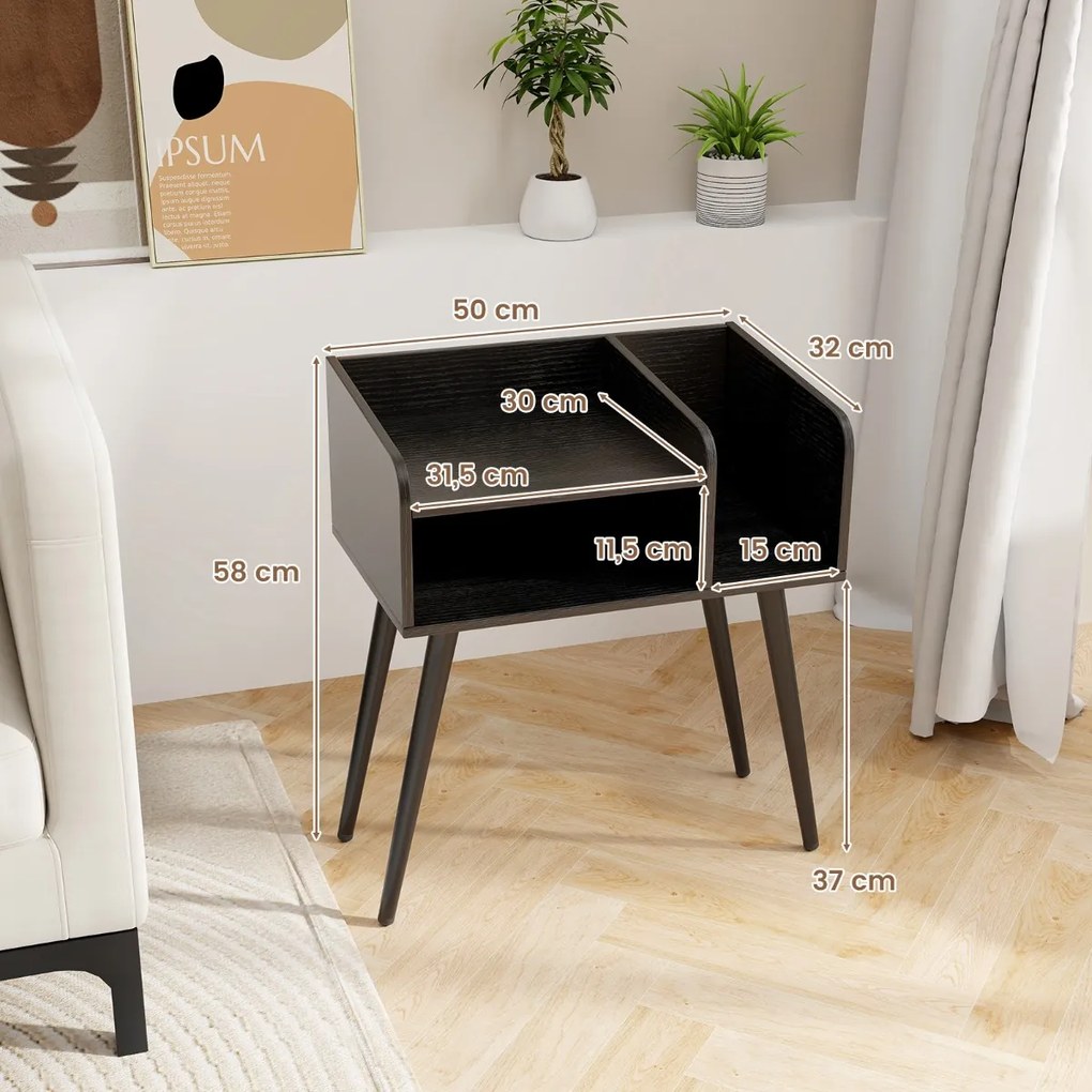 Mesa de cabeceira 50 x 32 x 58 cm moderna de meados do século de 2 níveis com Preto