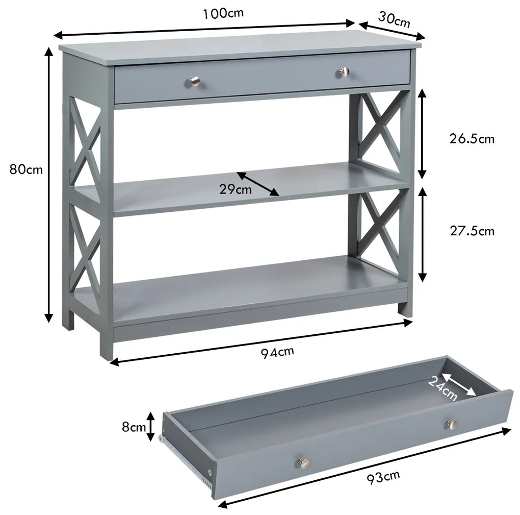 Mesa consola com 1 gaveta e 2 prateleiras Mesa de entrada com X-Design para hall de entrada e corredor 100 x 30 x 80 cm Cinzenta