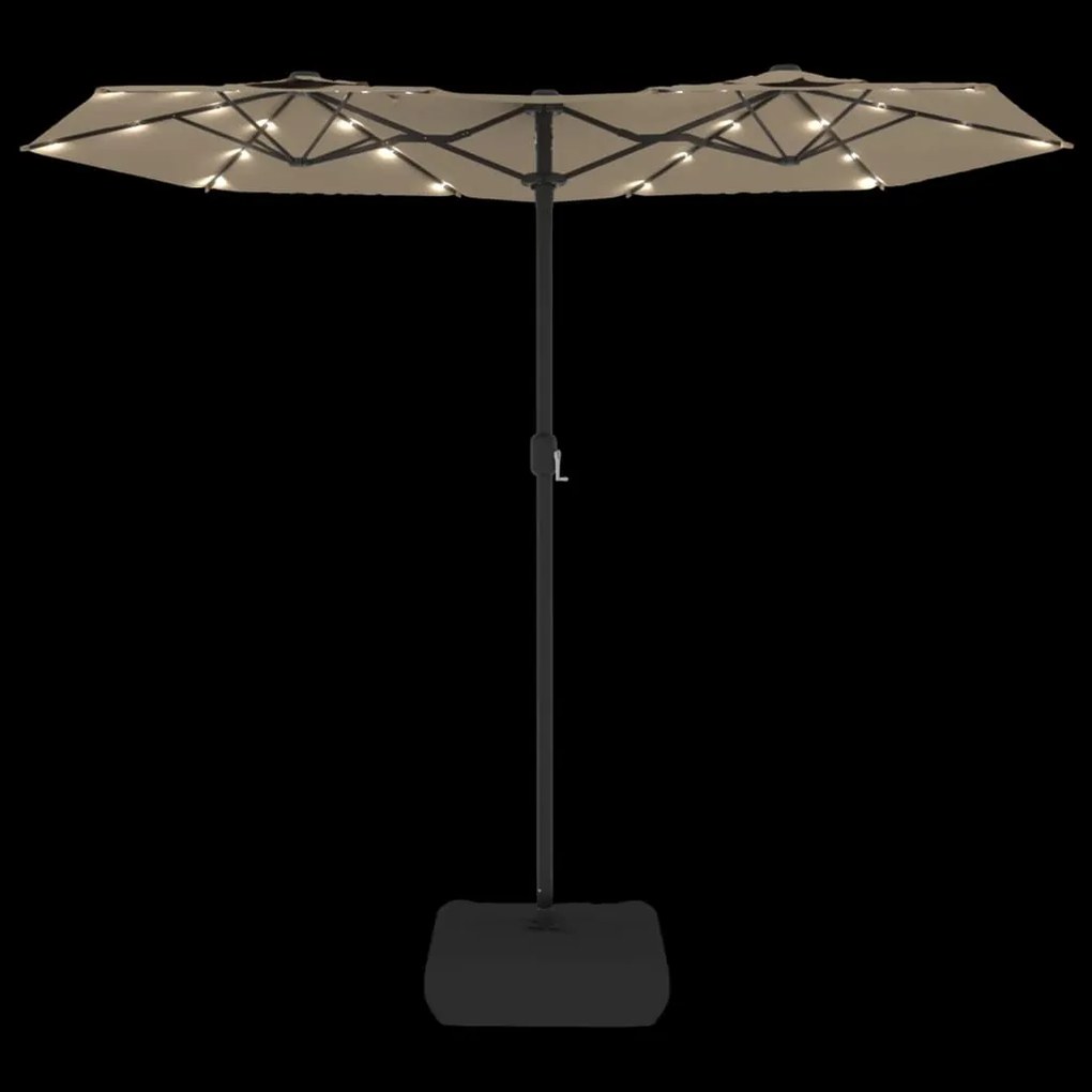 Guarda-sol jardim cabeça dupla/LED 316x145 cm cinza-acastanhado