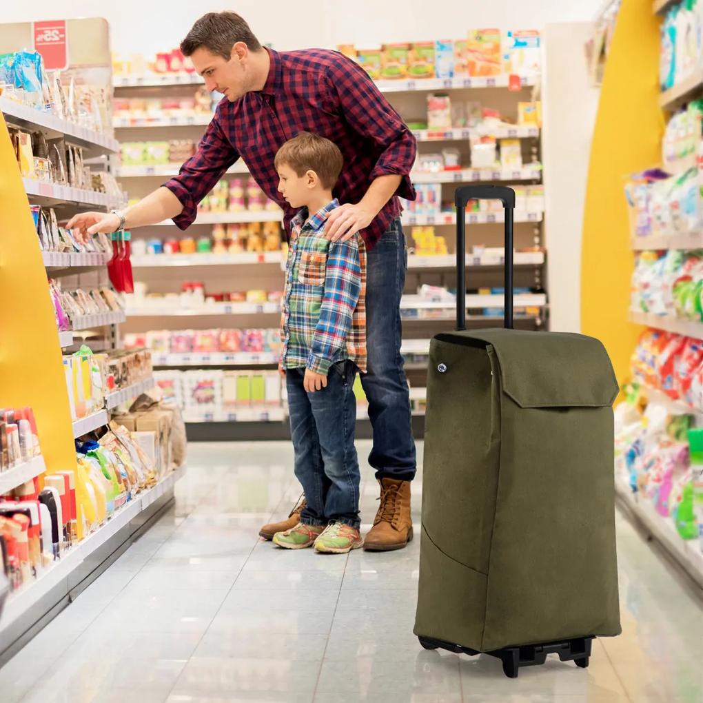 Carrinho de compras portátil dobrável com saco amovível 2 Rodas flexíveis em ABS para transporte de bagagem Verde
