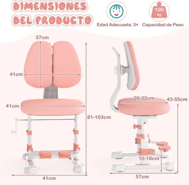Conjunto de secretária e cadeira infantil com estante e gaveta Superfície inclinável Cadeira com altura e encosto ajustáveis Rosa