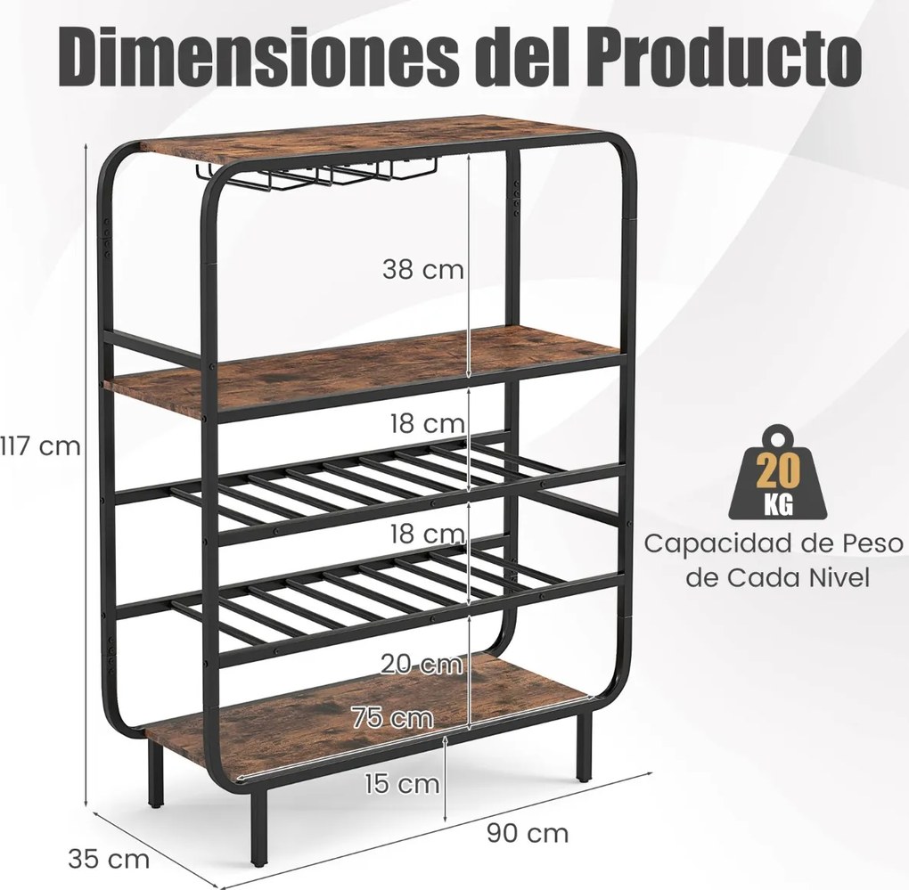 Garrafeira com capacidade para 16 garrafas 90 x 35 x 117 cm, 5 níveis e suportes para copos; Estrutura metálica industrial; prateleira de arrumação em