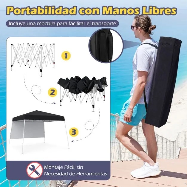 Tenda 300 x 300 cm Pop Up Dobrável com 1 Parede Lateral Com Saco, jardim, campismo, feiras, eventos com Estrutura Metálica Preta