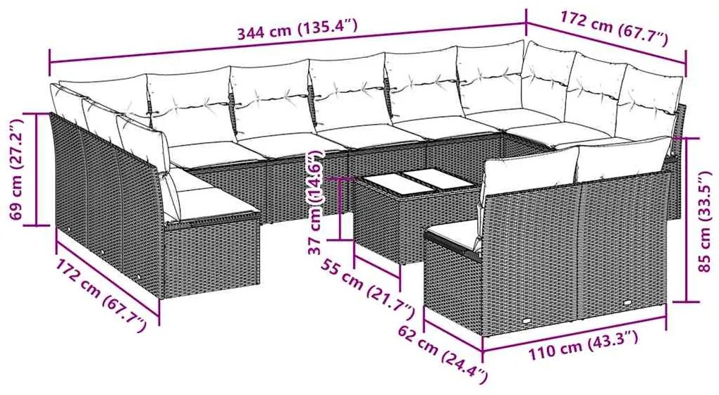 13 pcs conj. sofás jardim c/ almofadões vime PE cinzento-claro