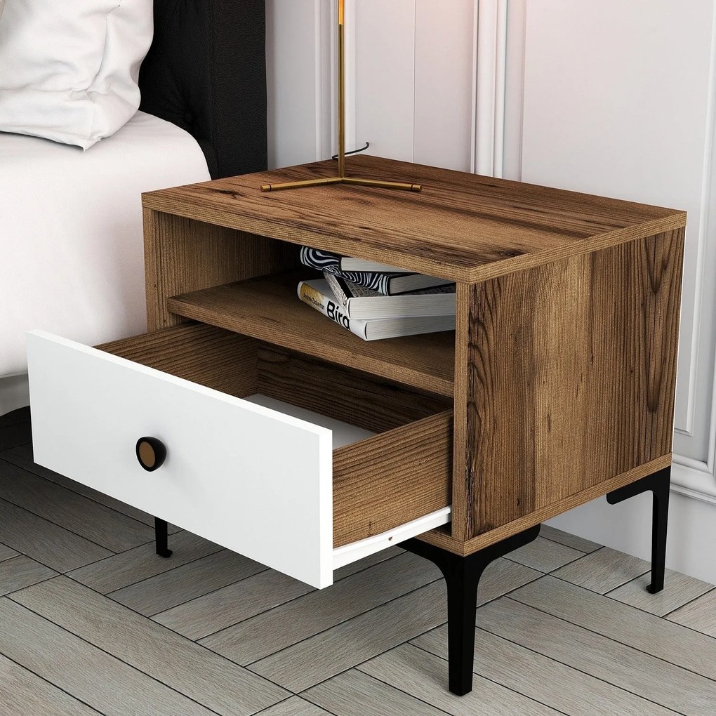Mesa de Cabeceira Lizbon500 – Nogueira/Branco – 56x50,8x40 cm