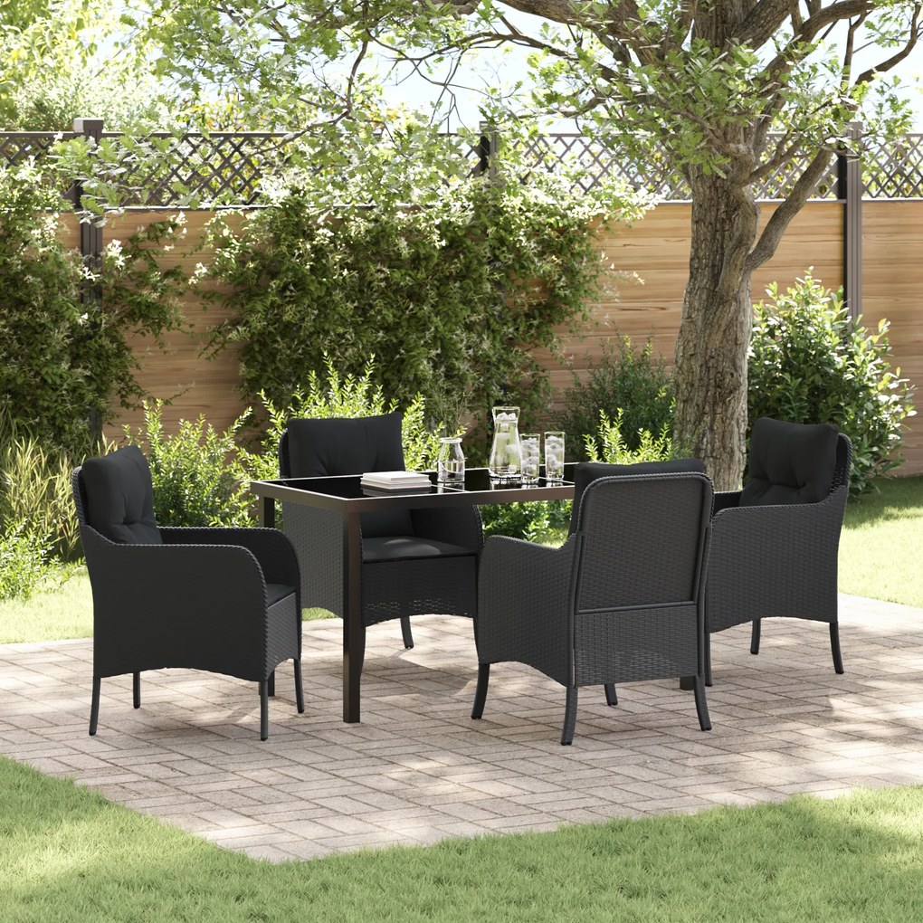 vidaXL Conjunto de Jantar para Jardim de 5 Peças com Almofadas Pretas de Rattan Poliéster