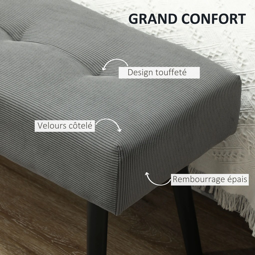 Banco para colocar ao pé da cama, estofado em veludo canelado e com pés em aço preto, capacidade de carga de 220 kg, 100 x 36 x 45 cm, cinzento