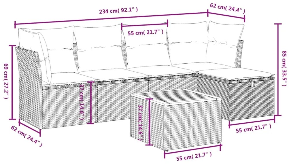 6 pcs conjunto sofás de jardim c/ almofadões vime PE preto