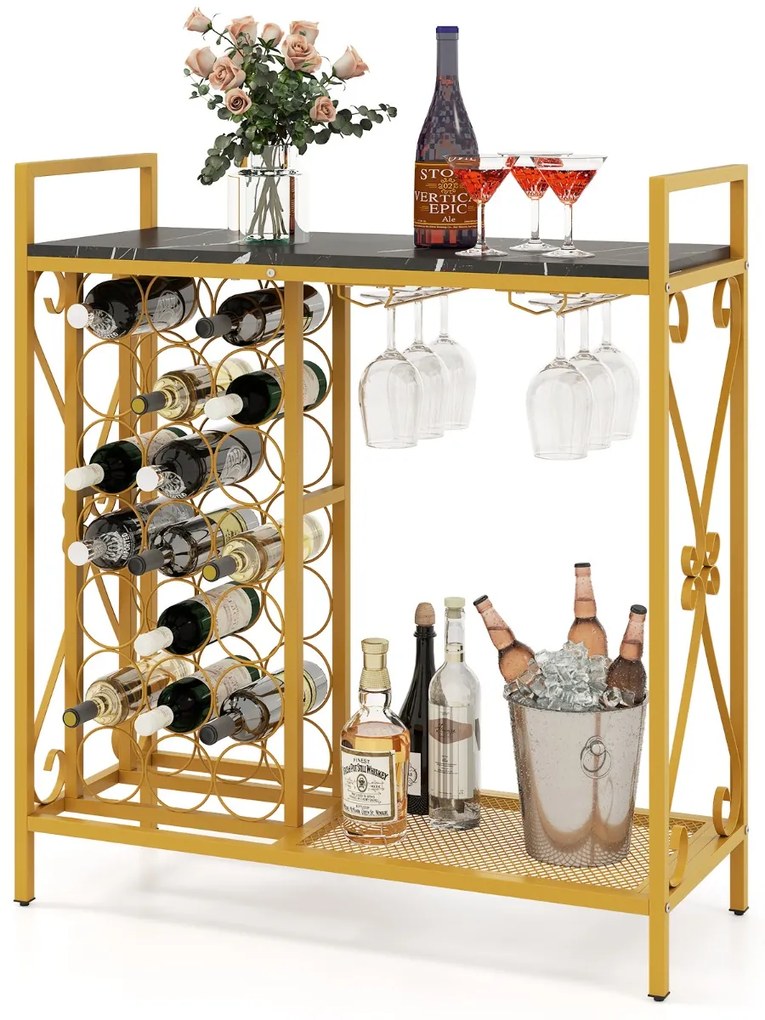 Garrafeira para Vinho 21 Garrafas com Suporte para Copos e Bancada em Madeira 93 x 38 x 102 cm Preto e Dourado
