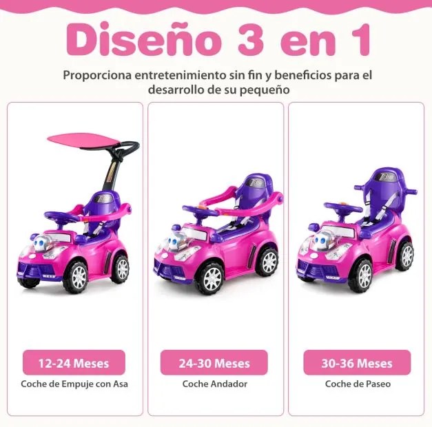 Andarilho crianças forma carro 3 em 1 Carro deslizante com guiador, buzina, música, luz e cinto de segurança Rosa