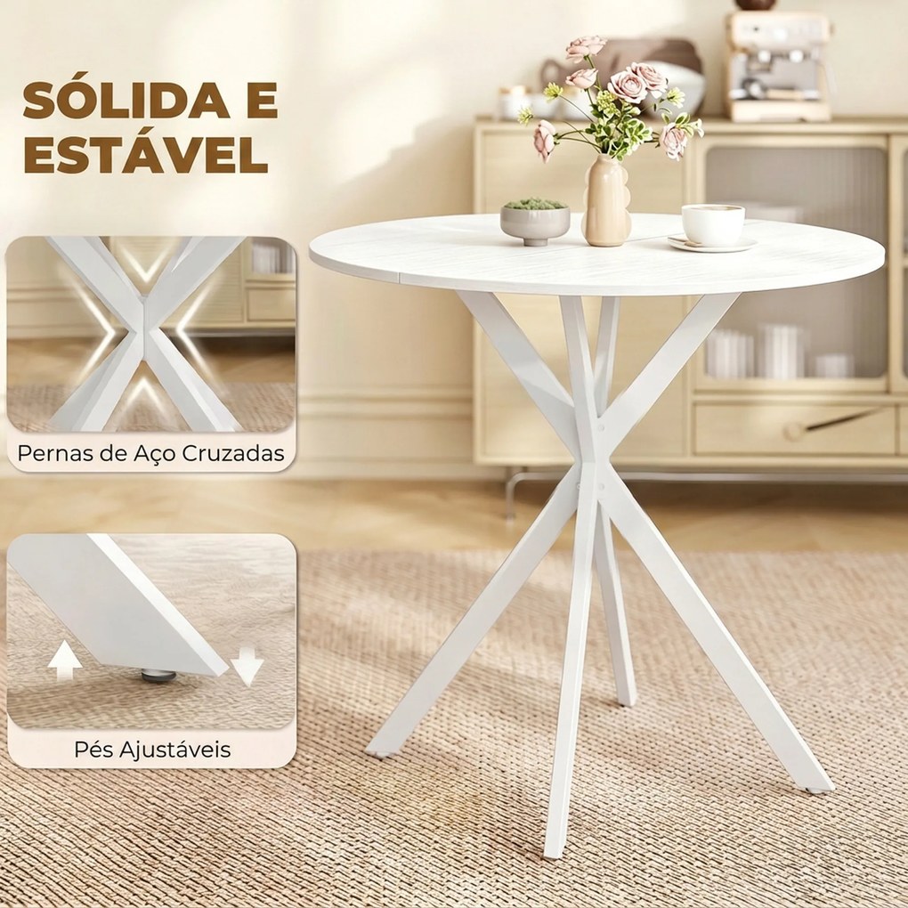 Mesa Redonda de Jantar para 2 Pessoas (CADEIRAS NÃO INCLUIDAS) com Pés Cruzados em Aço, Ø80x75 cm, Branca