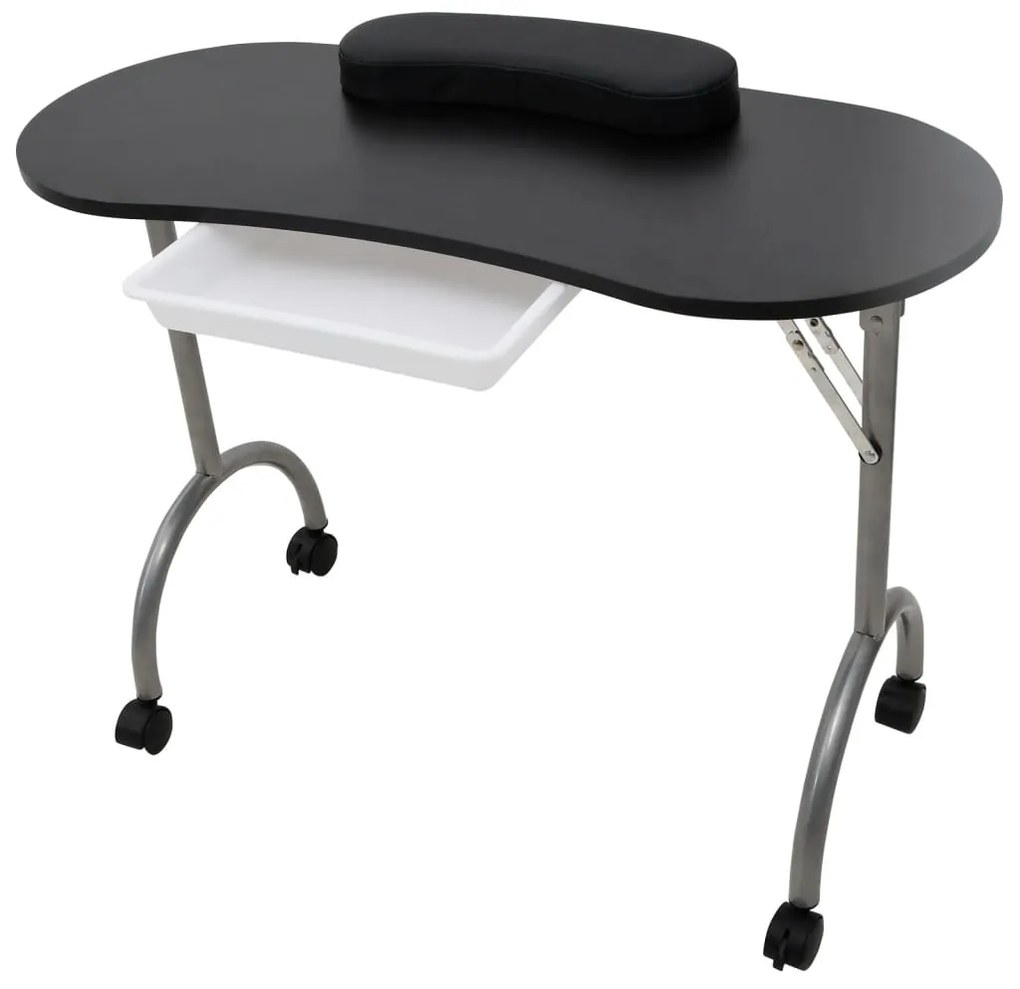 Mesa manicure dobrável com rodas, preta