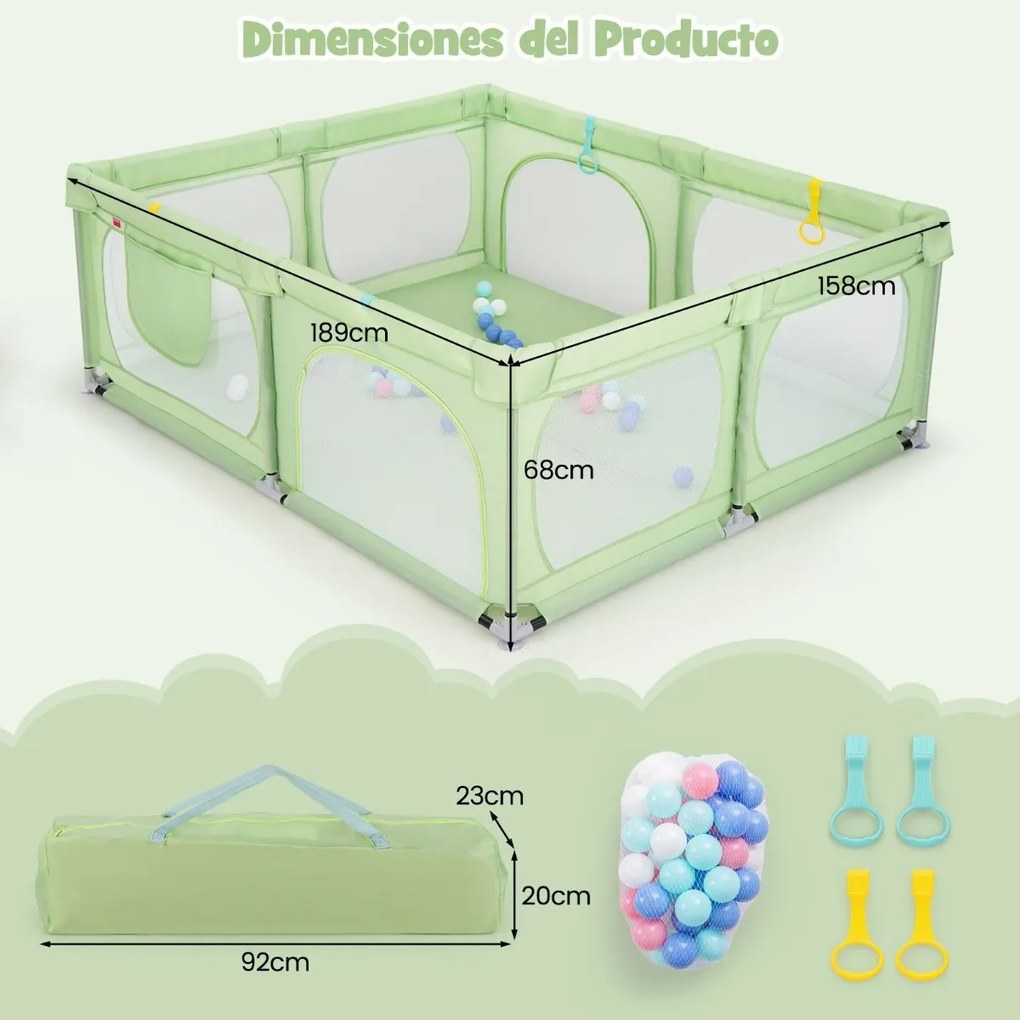 Parque para bebés dos 0 aos 3 anos com 4 argolas 50 bolas do oceano Bolso de arrumação em rede respirável com fecho de correr Verde