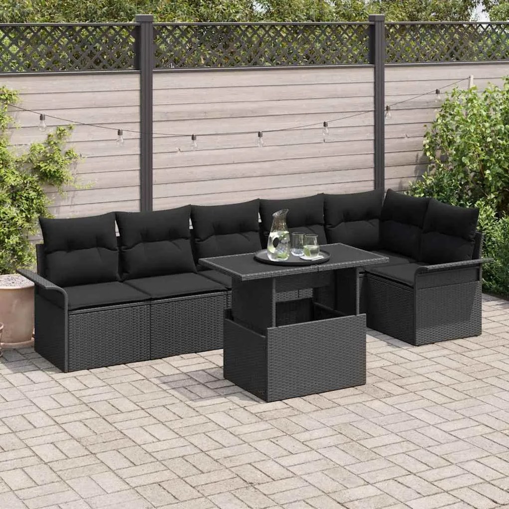 Conjunto de Sofá de Jardim de 7 Peças com Almofadas Pretas de Rattan P