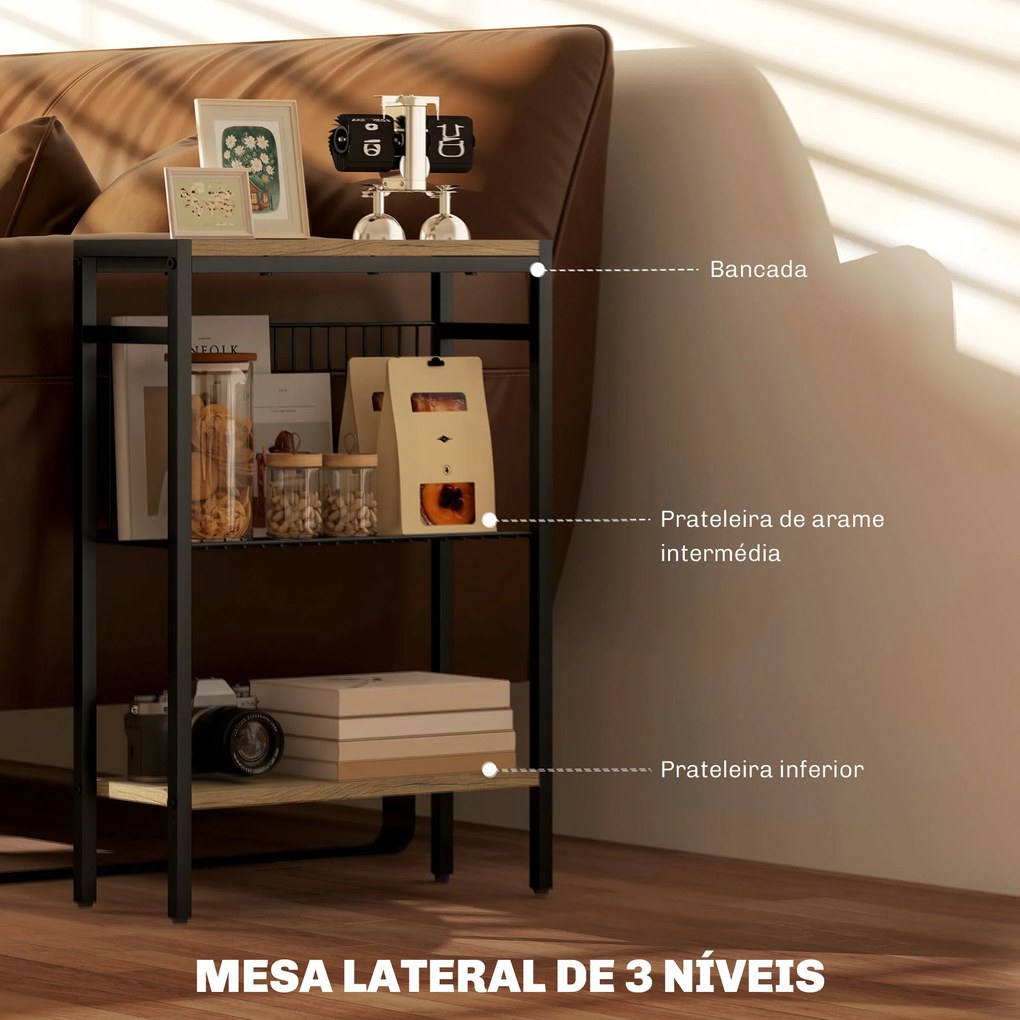 Mesa Auxiliar Estreita de 3 Níveis com Prateleiras Abertas e Estrutura de Aço para Sala e Quarto 43x18x62,5cm Carvalho