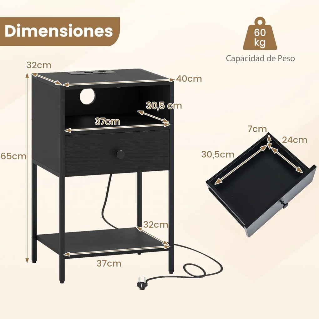 Conjunto de 2 mesas de cabeceira, mesas apoio 40 x 32 x 65 cm com Estação de carregamento, Compartimento aberto Gaveta Pretas